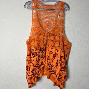 Denim 24/7 Top Crochet Stretch Open Tie Front Square Neck Orange Large